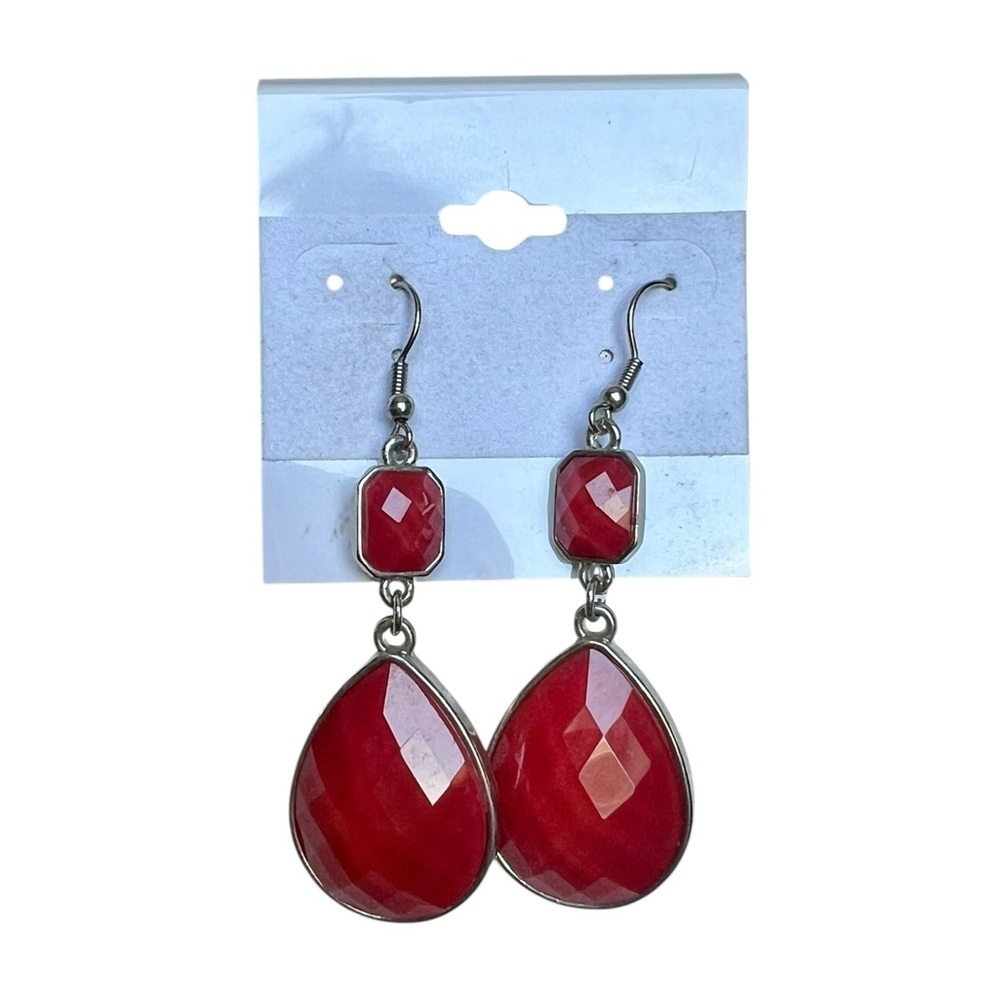 NWT Unbranded Red-Orange & Silvertone Pierced Dangle Earrings